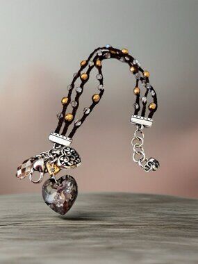 Brighton "Karma Heart" Bracelet Brown Corded Crystal Teardrop Heart